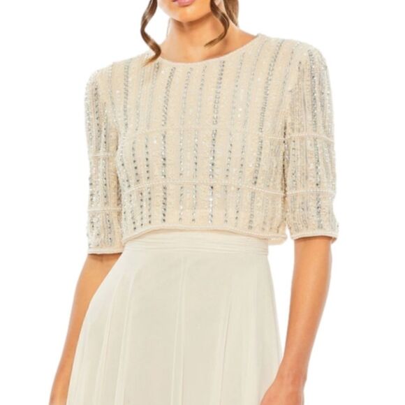 NWT MAC DUGGAL 9180 Nude Chiffon Gown Fully Beaded 1/4 Sleeve Top Size 20 Glam - Picture 6 of 11